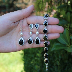 Black bridal necklace earrings bridesmaids earrings Bridesmaids gift wedding necklace bracelet earrings set Bridesmaids jewelry Mothers XY1