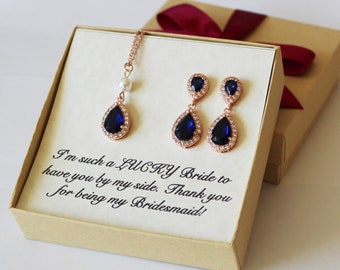 Bridal party necklace earrings set, Navy tear drop cubic zirconia earrings, Blue bridesmaid bracelet, Bridesmaid earrings set, Navy earrings