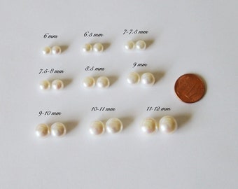 Genuine Freshwater White Pearl Stud Earrings | 5.5mm-12mm Customizable Size Pearls | Hypoallergenic metal options available