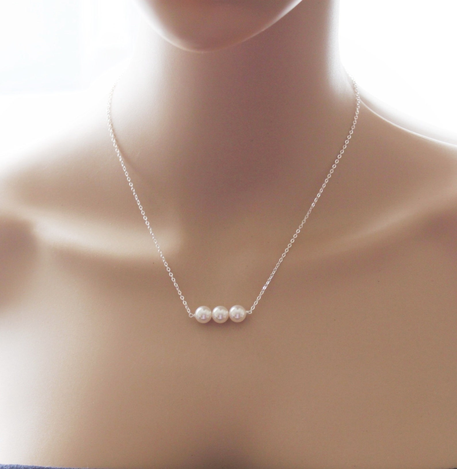 Triple Pearl Necklace Bridesmaid Necklace Silver Necklace Etsy