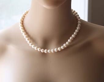 8-8.5mm Real pearl necklace - 14K Fresh Water Pearl Necklace Bridal pearl necklace -Mothers gift necklace- Birthday-Anniversary-Christmas