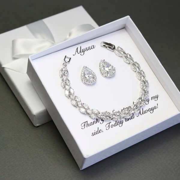 Custom Personalized Tear drop CZ bridesmaid earrings, Cubic Zirconia bracelet earrings set bridesmaid necklace Bridesmaid gift Mothers gifts