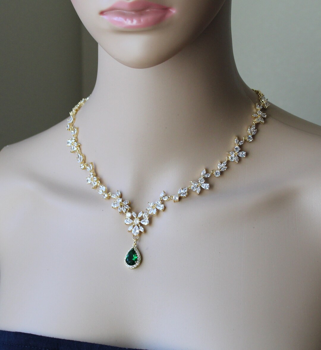 Emerald Wedding Necklace Bride Statement Earrings Necklace Bracelet Set