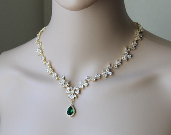 Emerald wedding necklace Bride statement earrings necklace bracelet set party jewelry set Emerald green bridal SET Emerald jewelry XY1