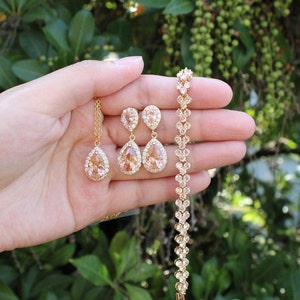 Champagne gold tear drop CZ earrings Bridesmaid earrings Peach Morganite wedding earrings Bridal party jewelry set Fall wedding XY1