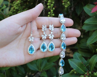 Custom Aqua Blue Bridal Jewelry Set Aqua Wedding Earrings Necklace
