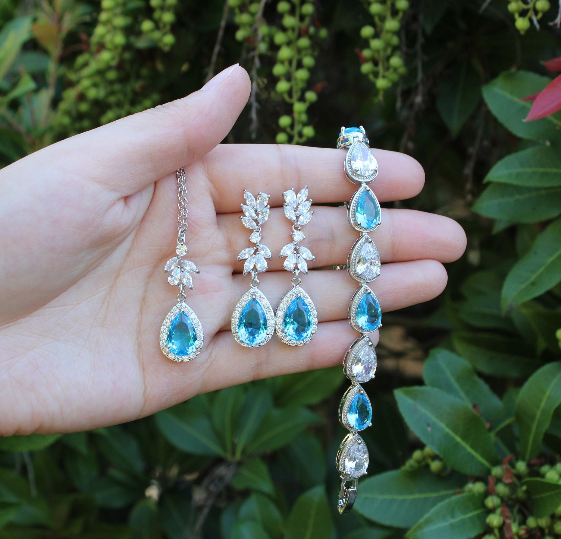 Custom Aqua Blue Bridal Jewelry Set Aqua Wedding Earrings Necklace