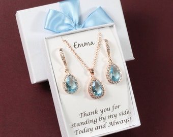 Light blue bridesmaid earrings necklace set prom party gift bridesmaid gift Bridal jewelry set Crystal Blue drop earrings necklace Pale blue