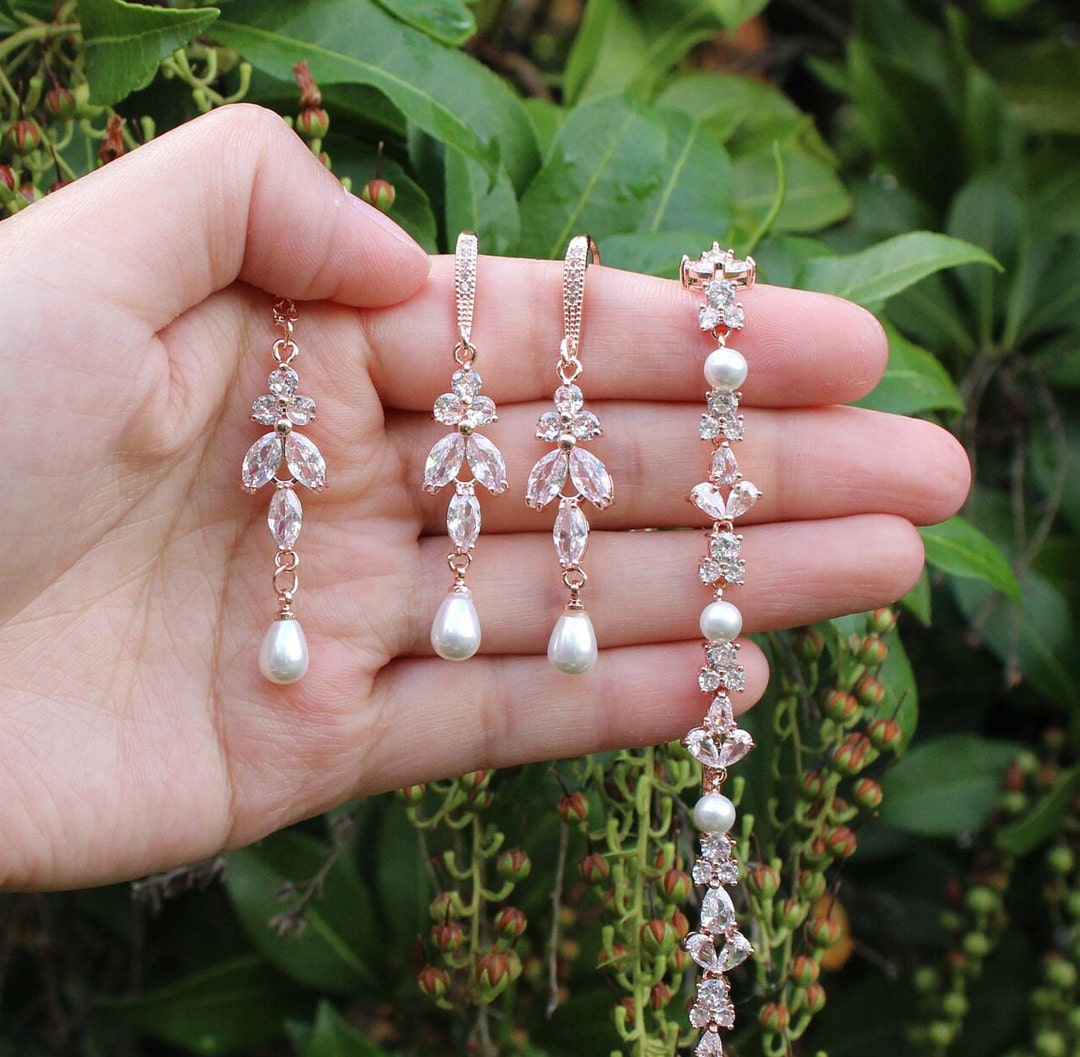 Bridal Jewelry Set Bridal Pearl Earrings Necklace Bracelet Set Etsy