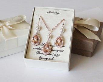 Champagne bridesmaid earrings, Rose gold champagne CZ earrings Champagne Morganite Bridesmaid gift Bridal shower bridesmaid earring necklace