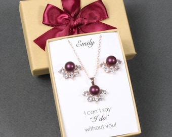 Kastanjebruine rode bruidsmeisjes pareloorbellen ketting set Bourgondische bruidsmeisjes oorbellen ketting armband bruids pareloorbellen Wijnrode parel set