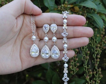 Bridal tear drop necklace earrings set Bridesmaid pearl jewelry Pearl bracelet Bridesmaids earrings Wedding jewelry set Bridal jewelry XY1