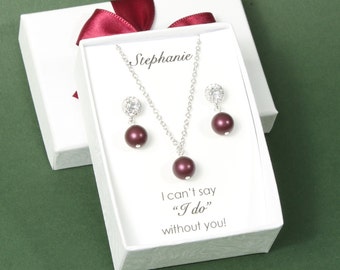 Wijnrode kastanjebruine parel bruidsfeest oorbellen ketting set Bourgondische bruidsmeisjes geschenk Bruiloft parel sieraden Bruids feestgeschenken Paars rode parel