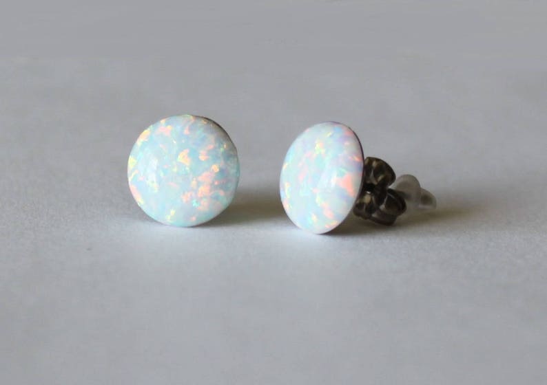 Large 10mm White fire opal stud earrings Titanium opal studs Hypoallergenic Bridesmaid earrings Sensitive ears White opal studs Birthstone image 2