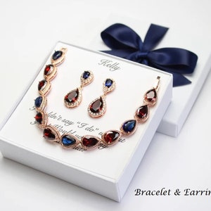 Custom Navy and Burgundy crystal bridesmaid earrings Dark red bridesmaid jewelry Navy Bridesmaid bracelet earring set Custom color gift set