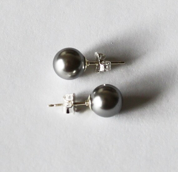 6mm 8mm Gray Swarovski Pearl Stud Earrings Sterling Silver Dark