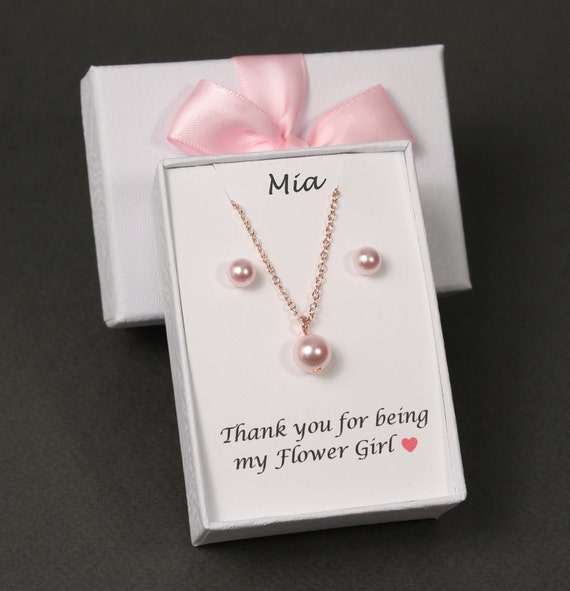 Pink pearl flower Girl Jewelry Flower Necklace flower Girl earrings be my flower girl Proposal Kid junior bridesmaid bracelet earring studs