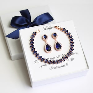 Bridal party bracelet earrings set Navy tear drop cubic zirconia earrings, Blue bridesmaid gift set, Navy blue earrings XY1