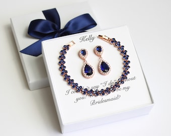 Bridal party bracelet earrings set Navy tear drop cubic zirconia earrings, Blue bridesmaid gift set, Bridesmaid necklace, Navy blue earrings