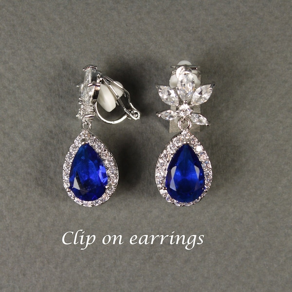 Royal blue Clip On crystal ear drop earrings Bright blue bridesmaid earrings necklace bracelet Sapphire blue Bridal jewelry Wedding earrings