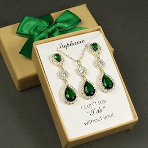 Emerald tear drop earrings Green Bridal jewelry Emerald wedding earrings necklace bracelet set Bridesmaid earrings Bridesmaids gift set