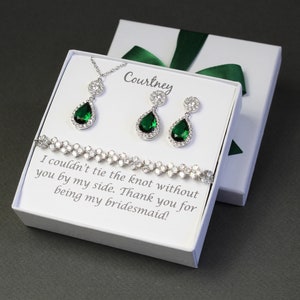 Bridesmaid earrings Emerald tear drop crystal earrings Green bridesmaid jewelry Emerald earrings necklace bracelet set Bridesmaid gift set image 3