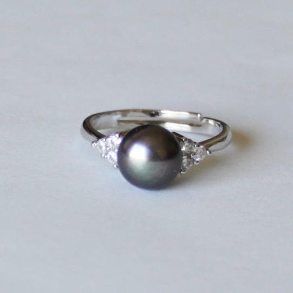 Peacock black pearl ring, Cubic Zirconia pearl ring, Peacock fresh water pearl ring, birthday, Mothers gift, Birthstone pearl ring, Wedding