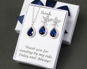 Dark blue bridesmaid earrings necklace set Navy blue bridesmaid gift Bridal blue jewelry Bridesmaid gift Sapphire Blue wedding XY1