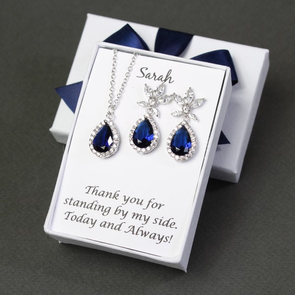 Dark blue bridesmaid earrings necklace set Navy blue bridesmaid gift Bridal blue jewelry Bridesmaid gift Sapphire Blue wedding jewelry