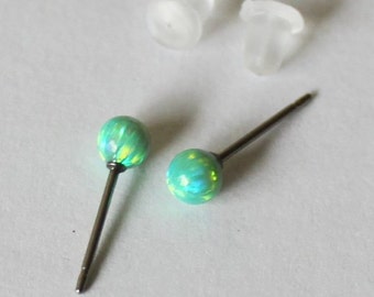 Niobium or Titanium Green opal stud earrings, 4mm, 6mm, 8mm Green Opal ball Studs, Hypoallergenic Titanium earrings, sensitive ears