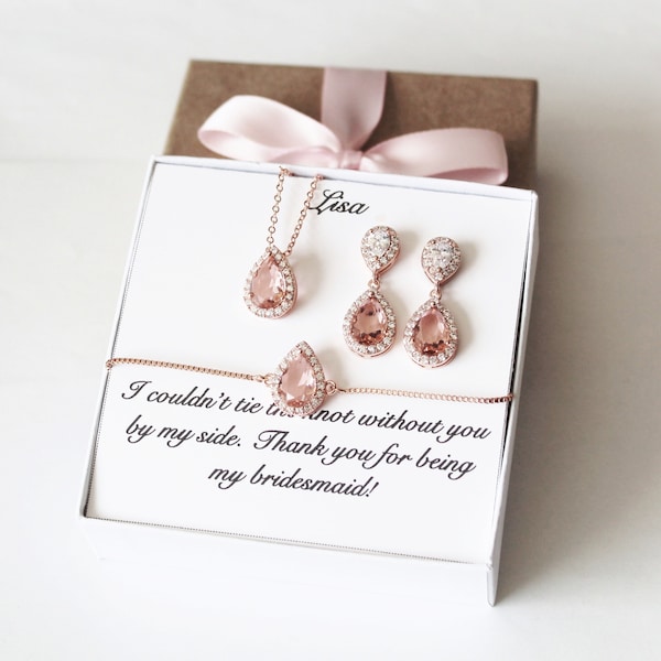 Pink Morganite bridesmaid gift, Morganite Bridal bracelet, Pink bridesmaid jewelry, Pink earrings, Morganite bridal necklace set