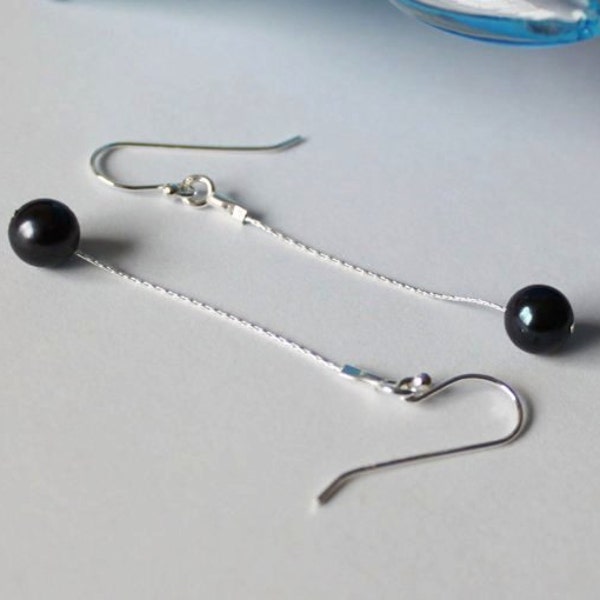 Long fresh water round black pearl drop earrings Sterling silver Real peacock black pearl earrings Bridesmaid earrings drop pearl earrings