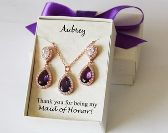 Dark purple bridesmaid earrings, Purple bridesmaid necklace earrings set, Tear drop purple earrings, Purple bridal jewelry Wedding earrings