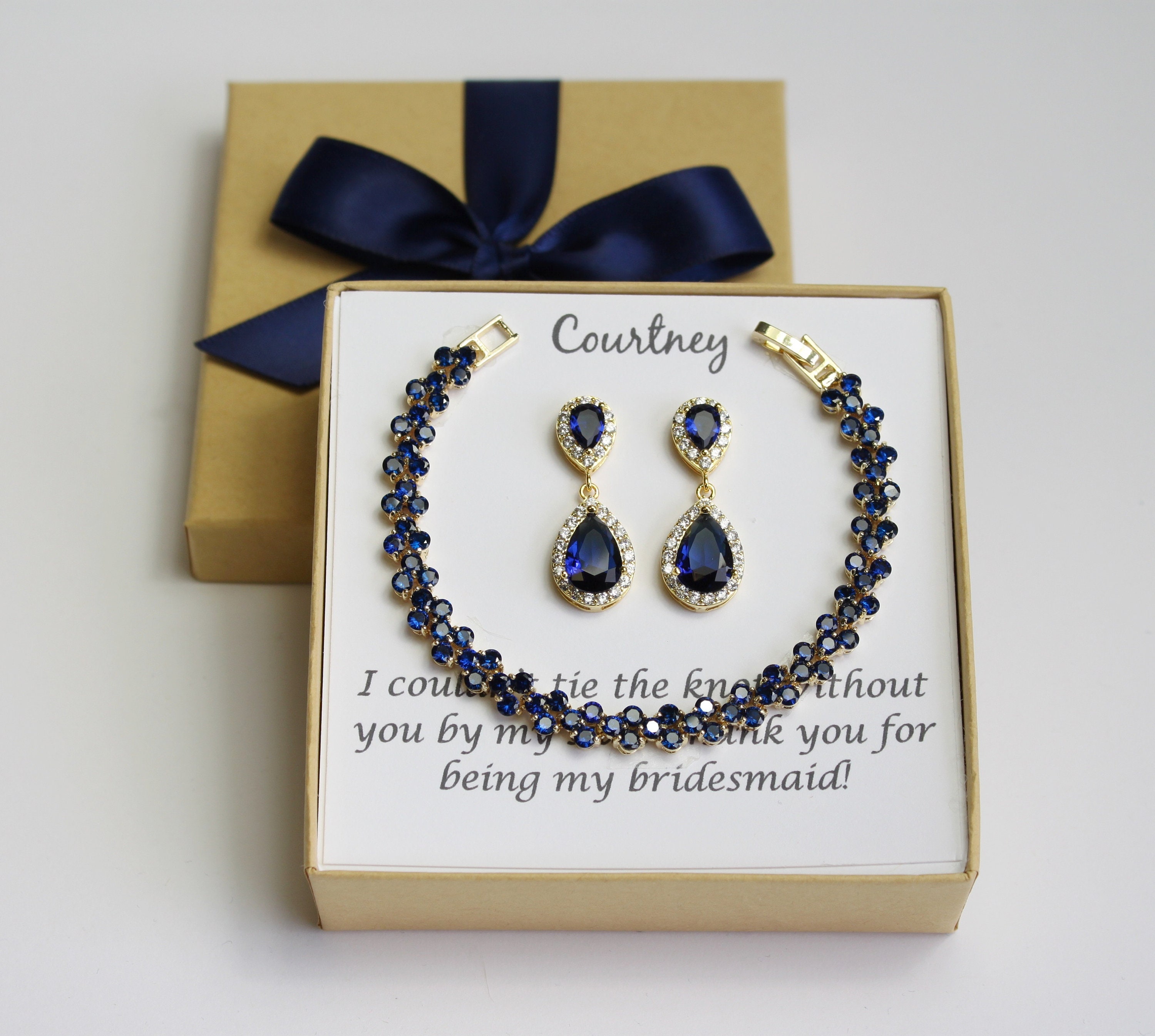 Bridal party bracelet earrings set Navy tear drop cubic zirconia earrings, Blue bridesmaid gift set, Navy blue earrings XY1