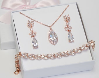 Custom bridal jewelry Bridal necklace earrings bracelet wedding earrings bridesmaid earrings bridal jewelry raindrop heart CZ crystal gift