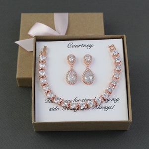 Personalized bridesmaid gift double Tear drop CZ bridesmaid earrings Bridesmaid necklace earrings set Wedding earrings Mother gift for her