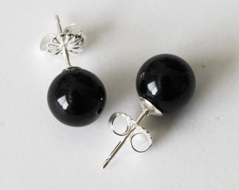 8 mm or 10mm Pitch Black Onyx ball earring studs, black onyx studs, black studs, sterling silver, black stone studs, Black stone earringss