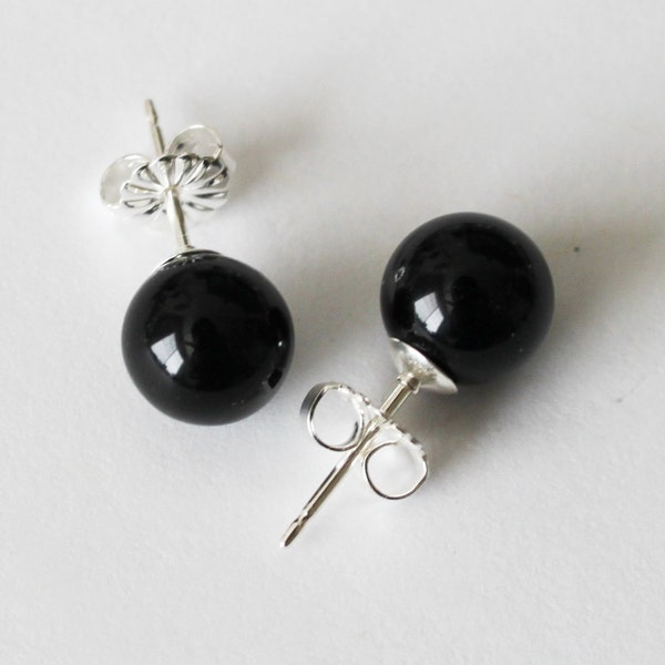 8 mm or 10mm Pitch Black Onyx ball earring studs, black onyx studs, black studs, sterling silver, black stone studs, Black stone earringss