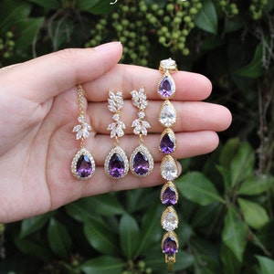 Dark Amethyst purple Wedding jewelry set bridal jewelry Deep Purple Bridesmaids Earrings Necklace Purple vine leaf CZ bracelet Gold jewelry