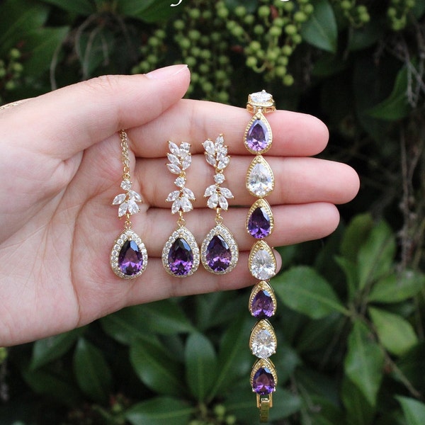 Améthyste foncé violet bijoux de mariage ensemble bijoux de mariée Deep Purple demoiselles d'honneur boucles d'oreilles collier violet feuille de vigne CZ bracelet bijoux en or