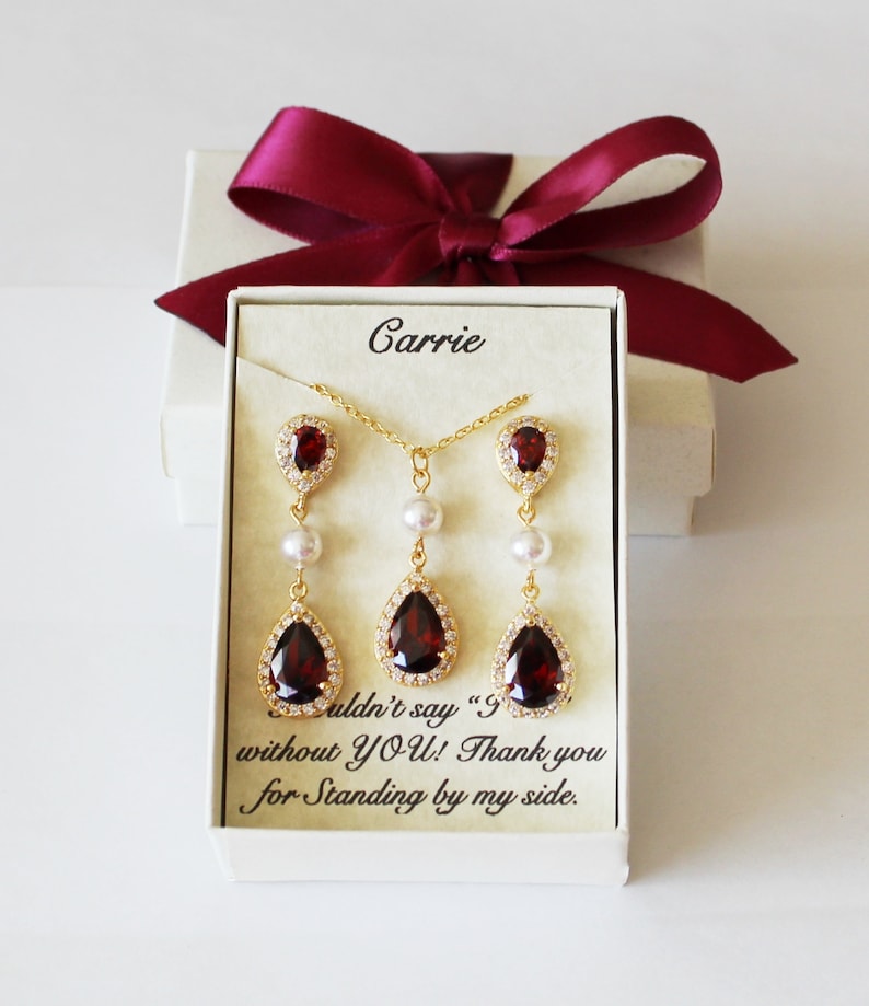Garnet bridesmaid earrings Wedding bridesmaid jewelry Bridal earring necklace set Bridesmaid gift Burgundy red bridal necklace earrings
