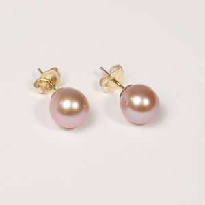 Solid Gold Round Natural pink fresh water pearl studs 14K solid real gold stud earrings Round pink pearl earrings Birthday Christmas gift