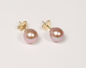 Solid Gold Round Natural pink fresh water pearl studs 14K solid real gold stud earrings Round pink pearl earrings Birthday Christmas gift