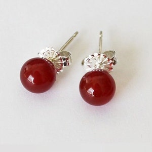 4mm, 6mm or 8mm Natural Red Agate earring studs- Sterling Silver or 14K gold- agate earrings- red stud earrings- Christmas earring