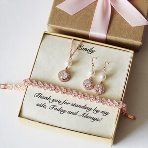 Bridesmaid earrings bracelet set Round cubic zirconia Bridal gift Bridal jewelry rose gold necklace earrings Bridesmaid gift Wedding jewelry