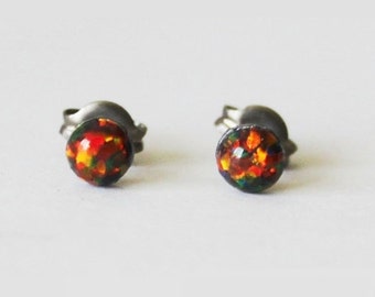 Tiny 4mm Black Fire Opal stud earrings, Titanium Earrings, hypoallergenic, Gemstone post studs, Sensitive ears, Black small opal earrings