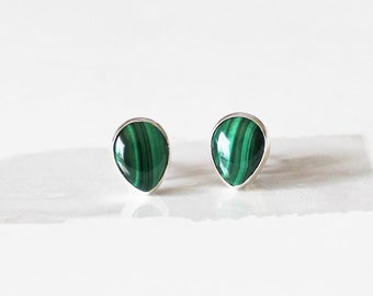 Tear drop natural Green Malachite studs, Sterling silver, Green stone earrings, Pear malachite earrings,Dark green earrings, Malachite studs