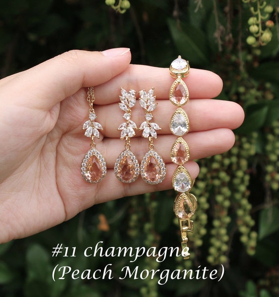 Champagne Gold Wedding Earrings Necklace Bracelet Champagne Bridal