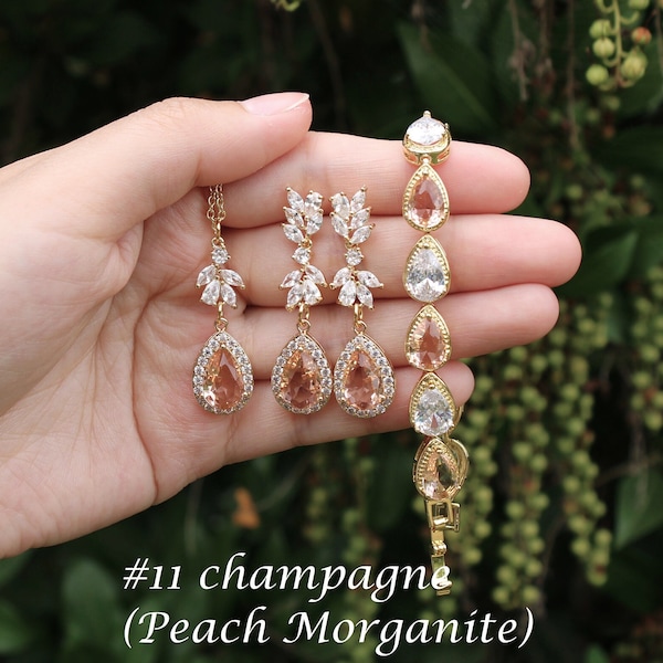 Champagne gold Wedding earrings necklace bracelet Champagne bridal earrings Peach Morganite bridesmaids gift set Gold Bridesmaids jewelry