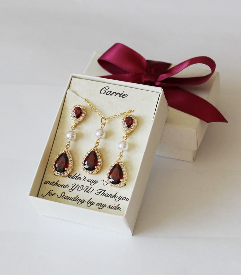 Garnet bridesmaid earrings Wedding bridesmaid jewelry Bridal earring necklace set Bridesmaid gift Burgundy red bridal necklace earrings